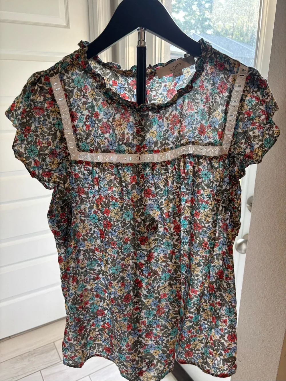 LOFT Multicolor Floral Ruffle-Trim Blouse
